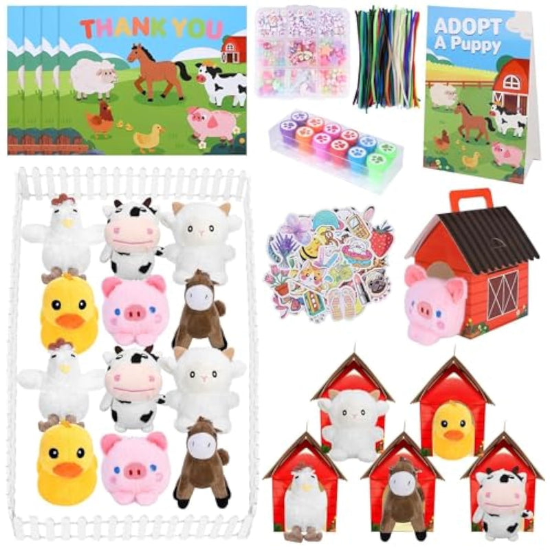 154 Pcs Adopt A Pet Party Favors Mini Plush Stuffed Farm Animal Set With Sign Cards Fence Paper Box Stickers Twist Bars Diy Beads Dog Paw Seals For Party Animal Birthday