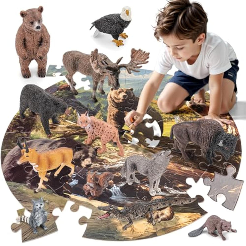 12Pcs Large North American Animal Figurines & 67Pcs Large Woodland Jigsaw Puzzles Toys For Preschool Kids Toddlers, Ideal Realistic Safari Animals Toys Gift For Toddlers Kids