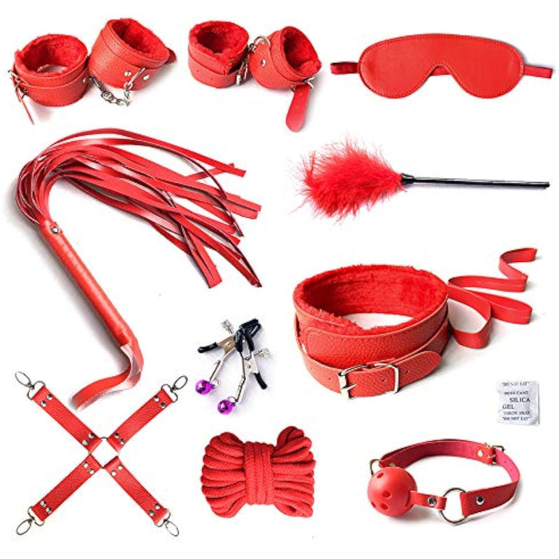 Bondage Sets 10 Pcs Bdsm Leather Bondage Sets Sm Ties Leather Bondage Sets With Eye Masks Sex Cuffs Whips Nipple Clamps Mouth Plugs Extreme Bedtime Bondage Sex Toys-Red