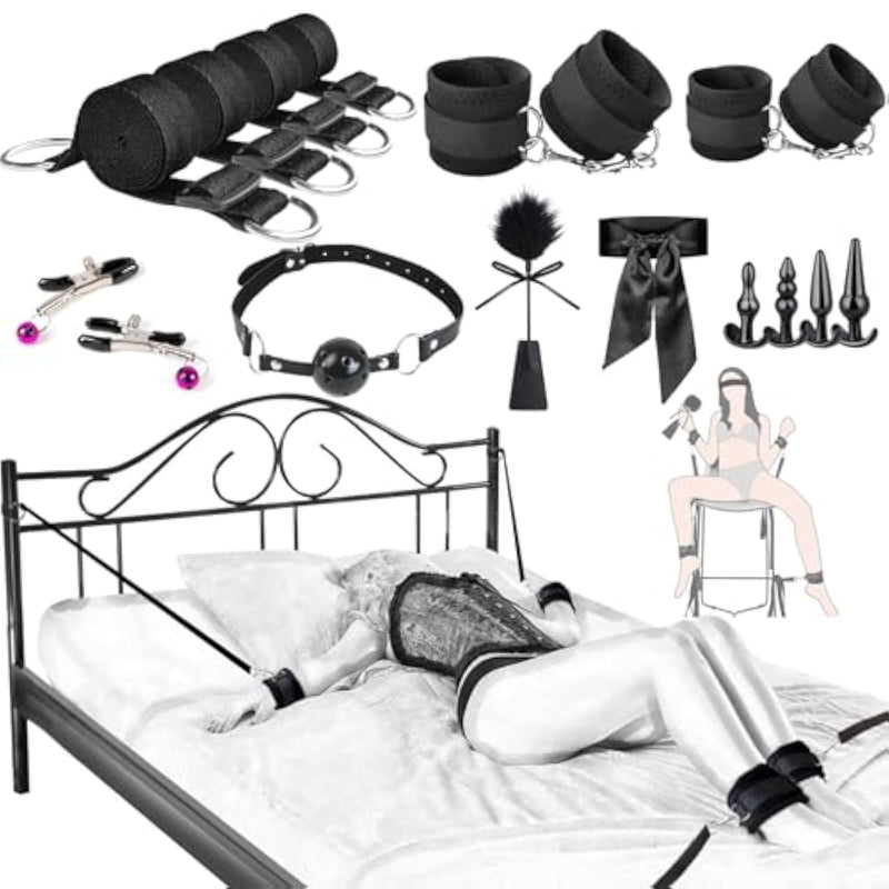 Couples Sex Toys Set, 17 Pcs-Adult Toys-With Restraint Straps & Bondage Cuffs & Anal Plug & Nipple Clamps & Feather & Sex Whip & Sex Blindfold, Diy Bondage Restraints Sm Games For Couples