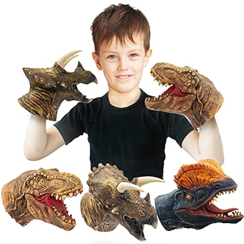Dinosaur Hand Puppets Realistic Latex Soft Animal Head Toys Set, Hand Puppet Toys Gift For Kids, Party Show Imaginative Play (Tyrannosaurus & Triceratops & Dilophosaurus)