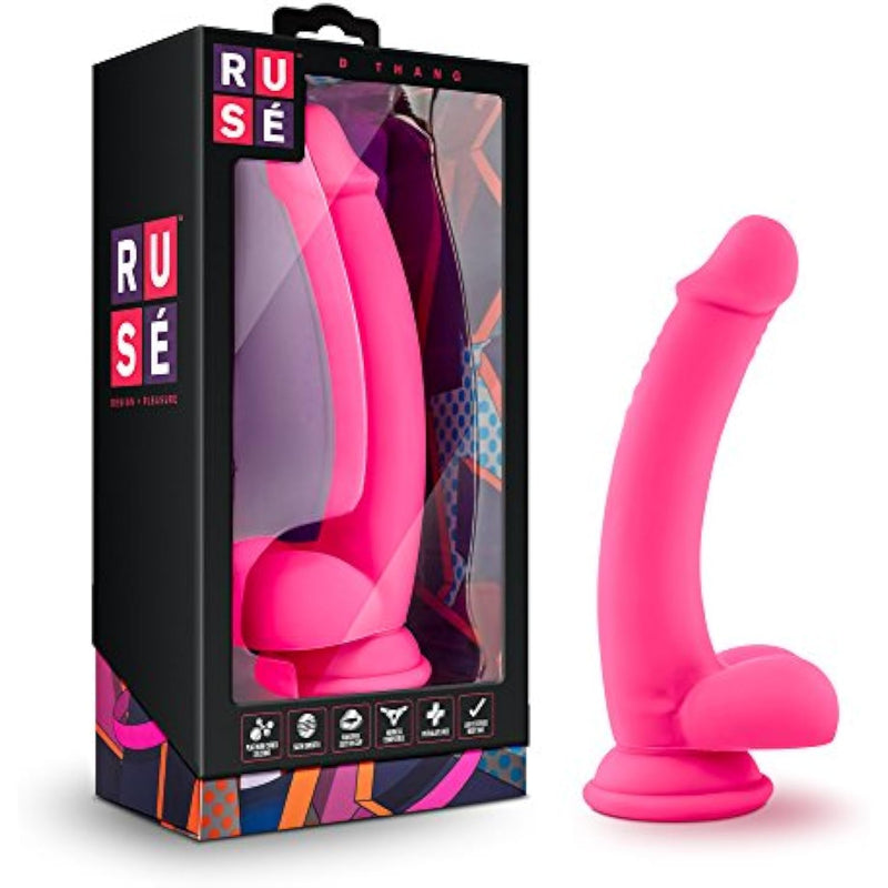 Ruse D Thang, 7.75" Platinum Cured Purio Silicone Dildo, Satin Smooth Ultrasilk 1.25" Shaft, Strap-On Compatible, Suction Cup Base For Hands-Free Play, Adult Toy For Women - Hot Pink