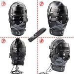 Leather Bondage Gimp Mask Hood, Full Face Blindfold Mask Hood Lockable & Dildo Penis Mouth Gag Breathable Restraint Head Hood, For Unisex Adults Couples, Bdsm/Lgbt Fetish Hood Black