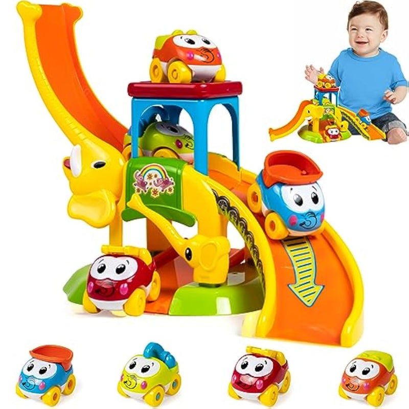 Toddler Toys For 1 2 Year Old Boys And Girls Gifts: Educational Elephant Slide With 4 Animal Car Toys For Baby 12-18 Months, First Birthday Gifts For Kids, Learning Push Truck Tracks Age 1-2