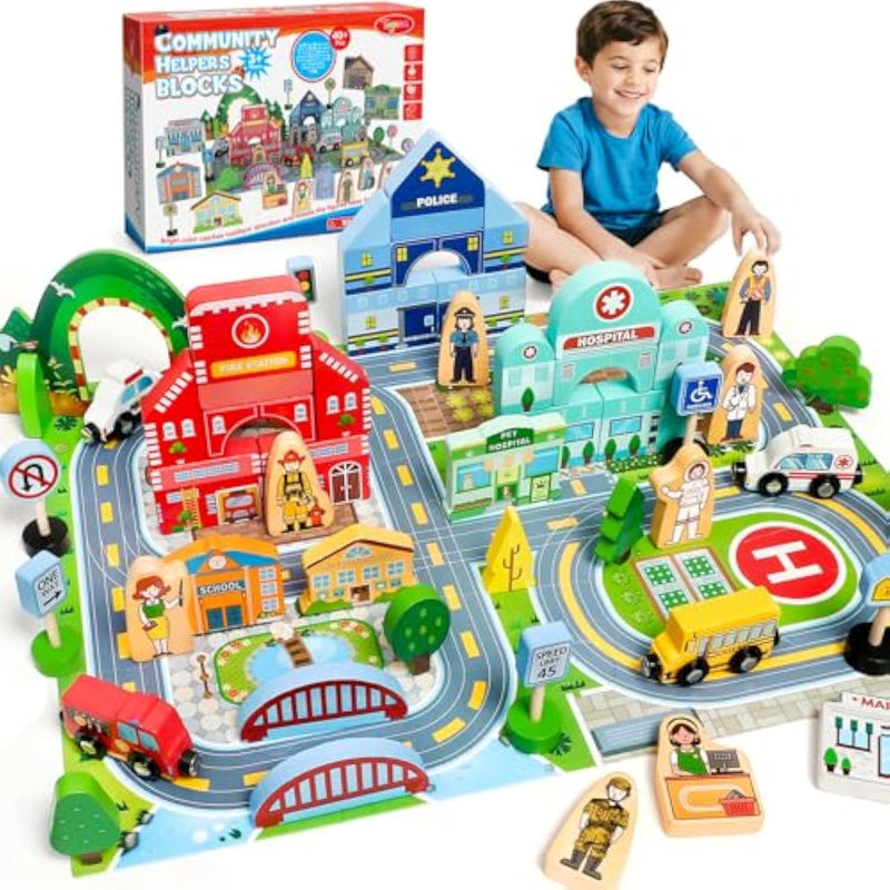 40+Pcs Wooden Community Helpers Preschool Toys For Kids 3 4 5 6, Little People Figures Blocks With Cars & Town Map, Toddlers Learning Pretend Play Toys Boys Girls Christmas Birthday Gifts