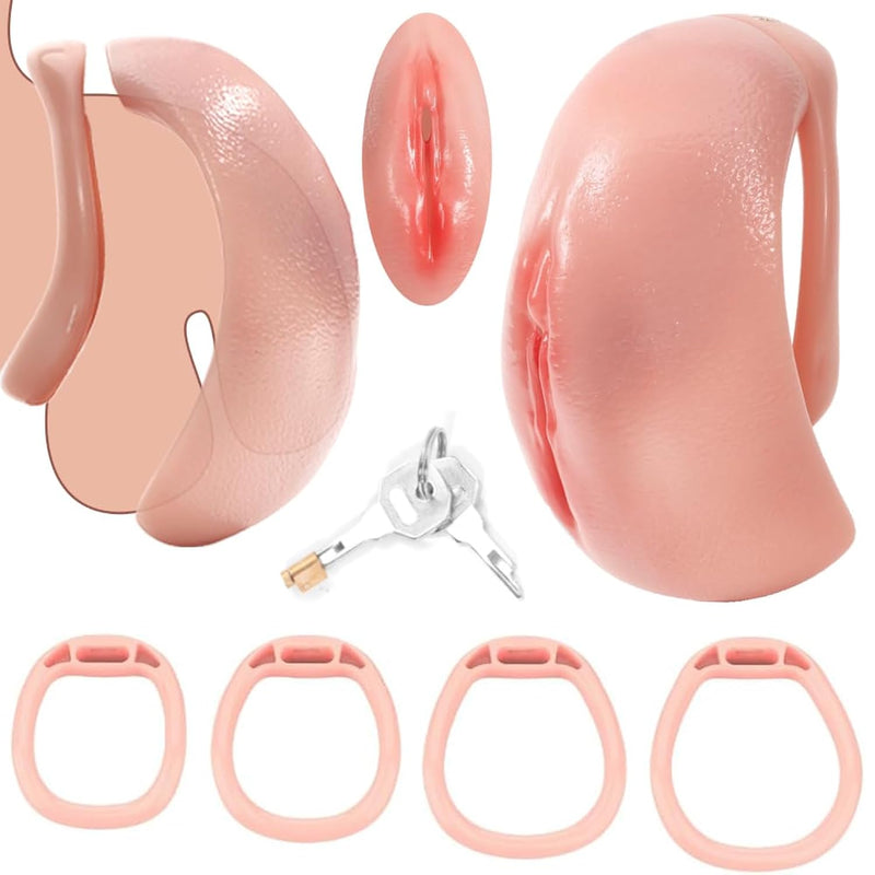 Giencoy Sissy Disguised Realistic Pussy Chastity Cage With 4 Rings Set, Male Flat Lifelike Vagina Penis Cage Cock Lock Sexy Sm Bondage Chastity Device Fetish Adults Sex Toys For Gay Men Couples