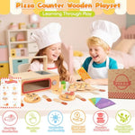 Wooden Pizza Toy Set For Kids, 68Pcs Montessori Pretend Play Food Toys, Wooden Pizza Counter Playset With Bake Oven & Toy Dishes, Develop Imagination, Ideal Gift For Boys & Girls Aged 3+