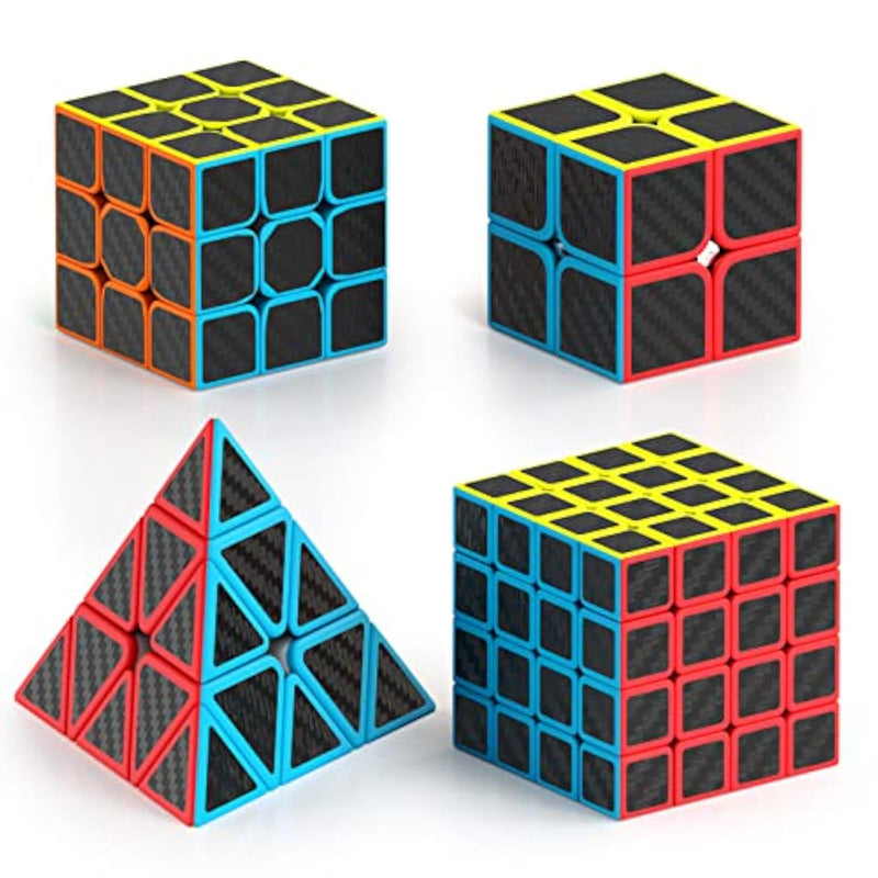 Speed Cube Set, Puzzle Cube Bundle Of 2X2X2 3X3X3 4X4X4 Pyramid Magic Cube Set, Birthday Party Christmas Stocking Stuffers Gift For Kids Teens Adults(Carbon Fiber Sticker)