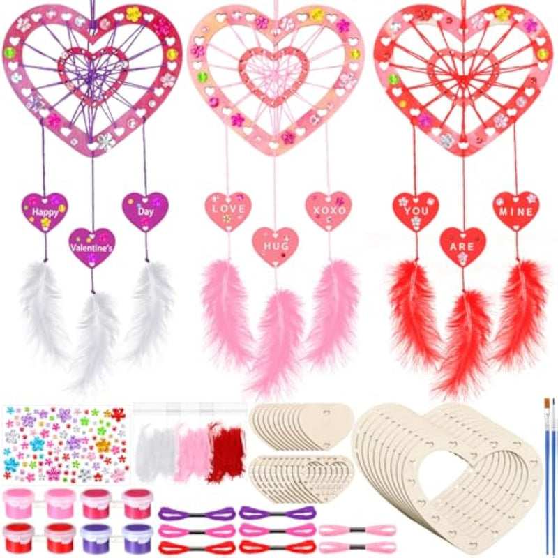 12 Sets Valentine's Heart Dream Catcher Craft Kit, DIY Wooden Painting Activity