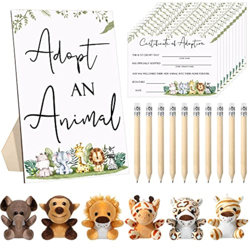 59 Pcs Adopt An Animal Wild Birthday Decor Party Favor 24 Safari Jungle Animals 24 Certificate Cards 10 Pencils With Adopt An Animal Sign Adoption Certificate Set For Party Birthday Gifts