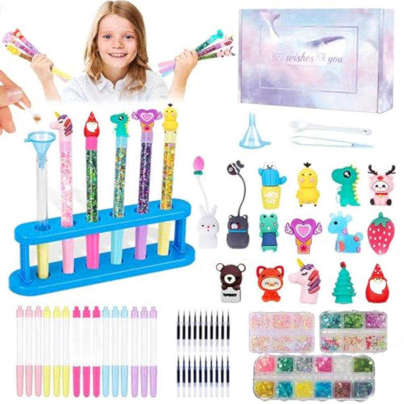 DIY Custom Glitter Pen Making Craft Kit with Charms for Kids 15 Pieces