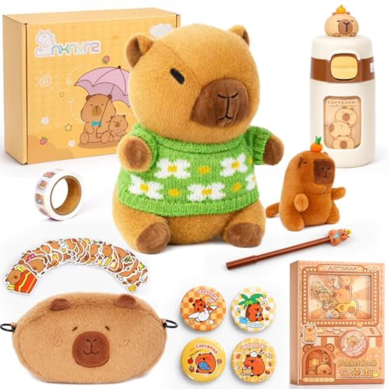Capybara Plush For Kids 4 5 6 7 8 9 10+ Year Old Birthday Cute Capybara Plush Set With Stuffed Animal/Cup/Notebook/Bag/Pen/ Stickers/Badge/Keychain