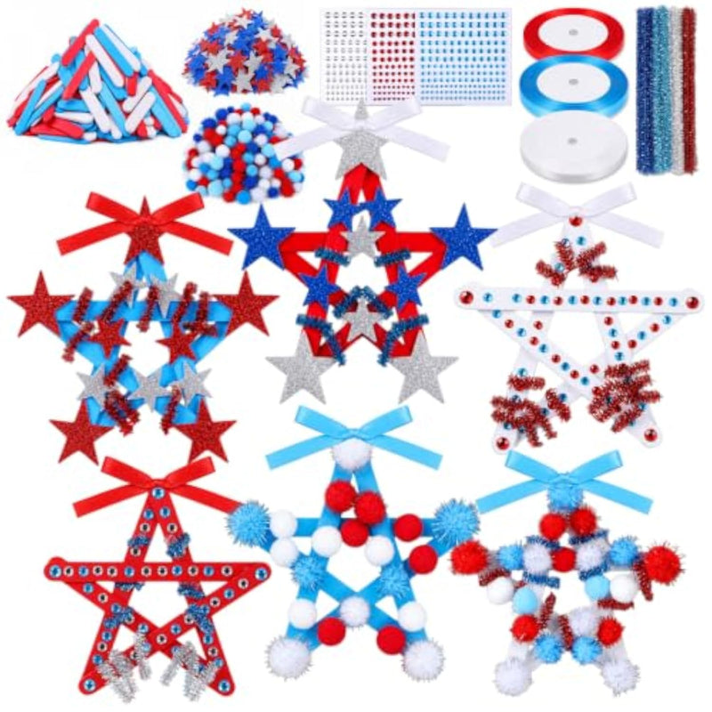 36 Set 4th of July Patriotic Star Ornament Craft Kit with Pom Poms & Foam Stickers