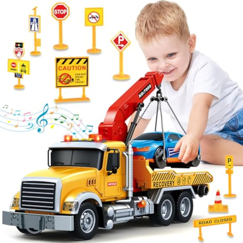 15" Large Tow Truck Toy, Toy For 3 4 5 6 Years Old Boy Toddlers, Truck Vehicle With Racing Car, Traffic Signs, Working Hook, Light Sound,Easter Basket Stuffers,Birthday Easter Gift