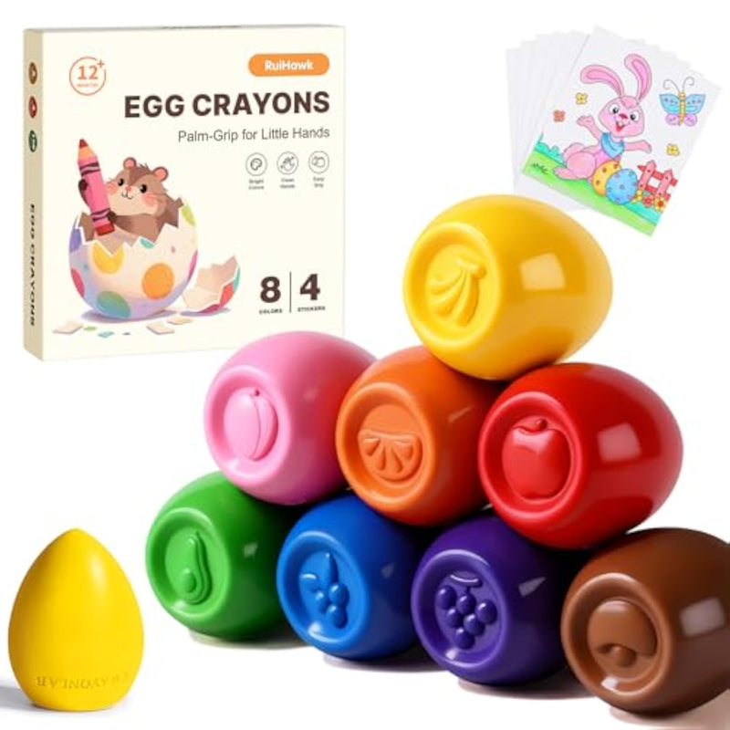 8 Colors Jumbo Egg Crayons for Toddlers Ages 1-3, Washable Easy-Grip Art Supplies
