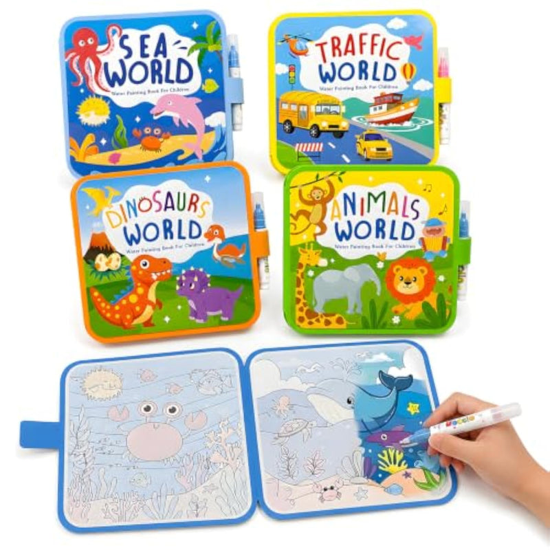 4 Pack Reusable Water Painting Books for Kids with Water Pens, Mess-Free Travel Activity