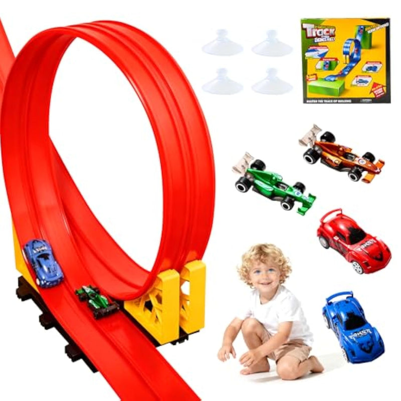 16 Ft Flexible Race Car Track Set For Kids, Portable Roll-Up Racetrack With 4 Cars & Suction Cups, Compatible With 1:64 Diecast Toy Cars, Gift For Boys & Girls Ages 3+