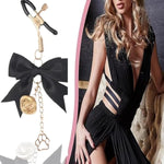 Black Satin Bow Nipple Clamps With Silver/Gold Charms - Adjustable Fetish Jewelry For Sensual Play And Cosplay, Unique Kink Accessory With Paw Print And Bell Charm (Golden Palace Bell)