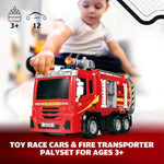 3In1 Fire Trucks Toys For Toddlers Ages 3-5, Carrier Toy Truck & Foldable Race Track, 12 Die Cast Cars Firetruck Toys For Toddlers 1-3 3-5 W/Light & Sound, Kids' Play Cars & Race Cars For Boys Girls
