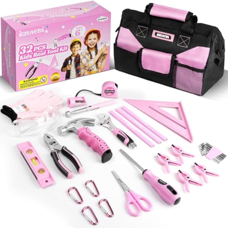 32-Piece Kids Real Tool Set, Pink Kids Size With 12” Storage Bag, Safety Certified Children Learning Hand Tools For Boys And Girls Age 6+, Diy, Construction, Woodwork, Christmas Birthday Gift