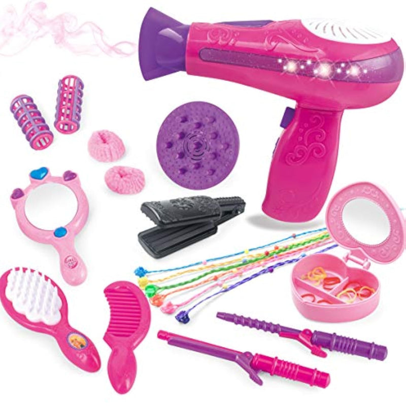 Little Girls Beauty Hair Salon Toy Kit With Toy Hairdryer, Mirror & Other Accessories, Fashion Pretend Makeup Set For Kids