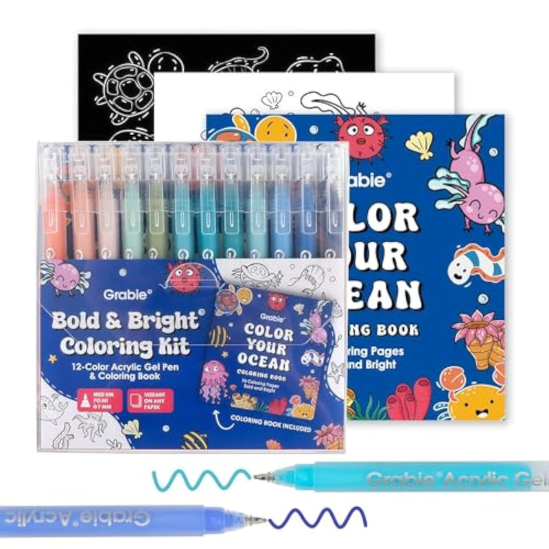 Acrylic Gel Pens Coloring Kit with 12 Ocean Colors, Perfect for Adults and Kids