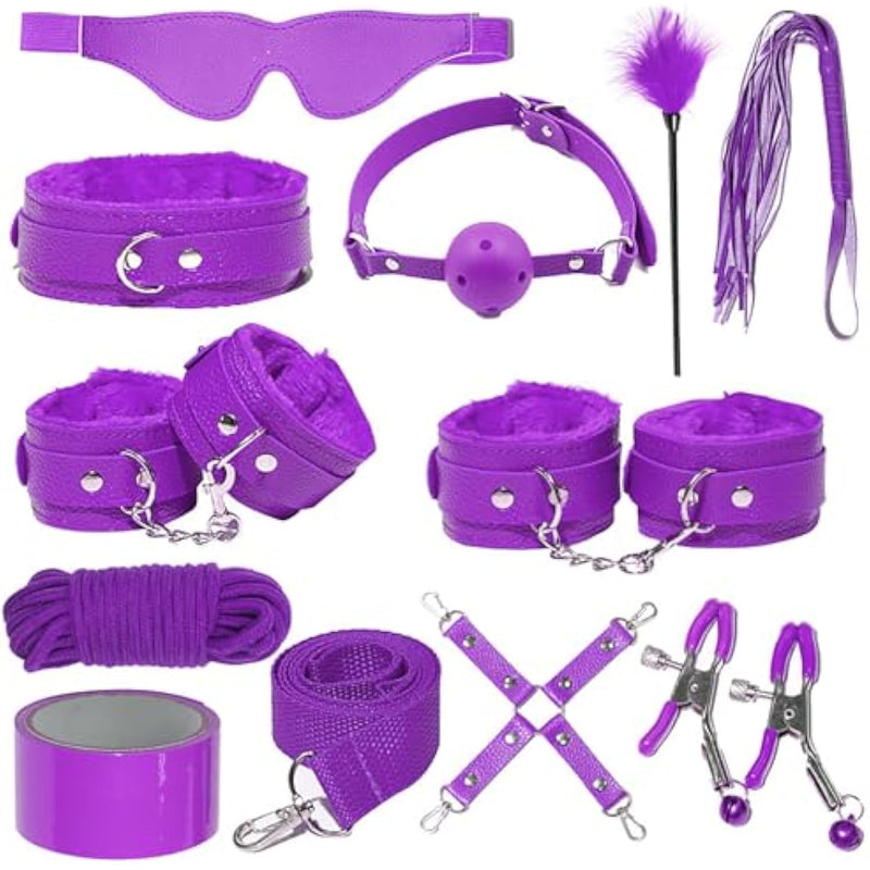 Bdsm Kit 11 Pcs Leather Sex Restraints Set With Adjustable Handcuffs Collar Ankle Cuff Blindfold Feather Tickler Nipple Clamp Etc Adult Couples Sexy Toys (Purple)
