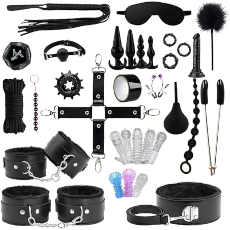 Bdsm Bondage Kit Sex Toys 8 Pcs Sex Bondage Set For Beginners Ball Gag Bondage Rope Bdsm Kit For Couples (Black, 33Pcs)