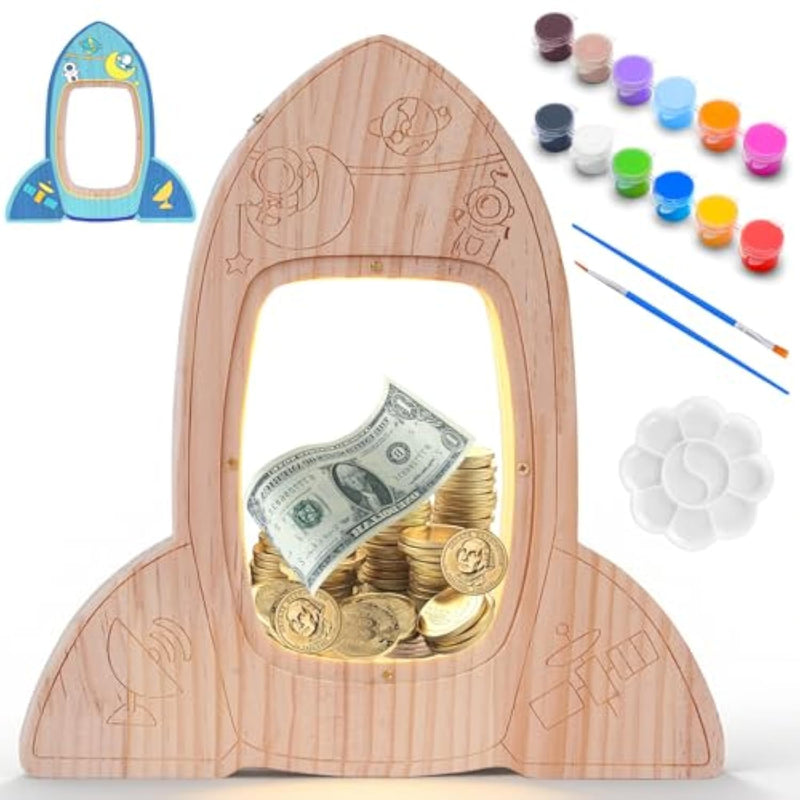 Rocket Piggy Bank For Kids With Led Light, Glow In Dark Unbreakable Wooden Piggy Bank With Diy Colors, Kids Safe Bank For Birthday