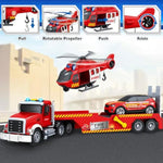 Toddler Boy Toys For 3 4 5 6 7 Years Old Kids, 21" Semi Fire Truck Toy With Racing Car And Helicopter, Friction Powered Toys With Lights And Sounds, Birthday For Boy Girls