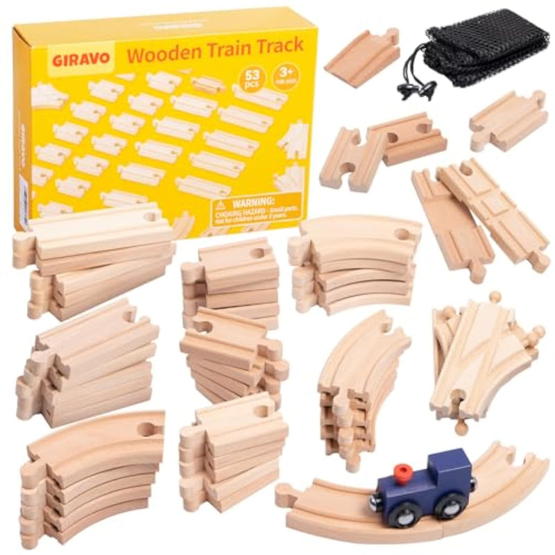 Wooden Train Track Set 53Pcs, Wood Train Tracks Accessories Expansion Pack Fits Melissa And Doug, Fits Brio, Fits Thomas, Montessori Toys, Birthday Gift For Boys Girls Toddler Kids (Train Track)