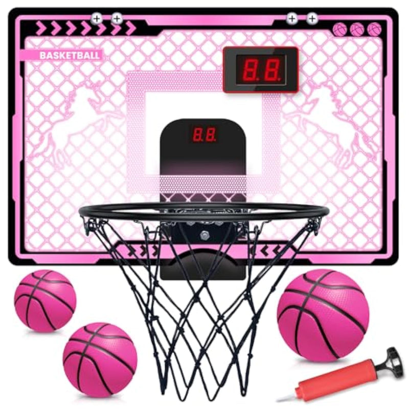 Basketball Hoop Indoor Kids Girls Pink - Mini Over The Door Basketball Hoops With Electronic Scoreboard Toys & 3 Balls, Unicorn Birthday Gifts Age 5 6 7 8 9 10 11 12 Year Old Girls