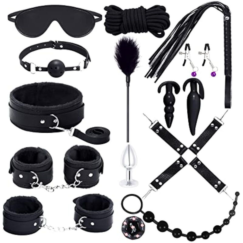 15Pcs Bondage Restraints Sex Toys Adult Games Kit Sm Fetish Bed Restraints Set For Beginners Cuffs Blindfold Spanking Nipple Clamps Flogger Ball Gag Paddle Rope Anal Toys Black