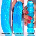 U-Shaped Double Ended Dildo 17.7 Inch Dong Anal Beads With Veins And Glans For Anal Vagina Stimulation Double Side Penis Cock Massager Sex Toy For Lesbian Men Women Blue