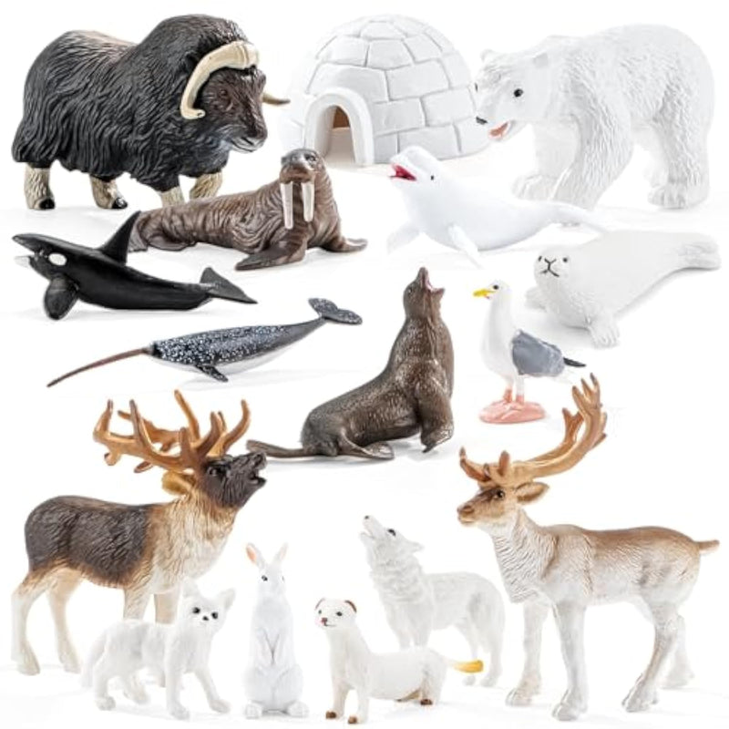 16Pcs Mini Arctic Animals Figurines Toys, Winter Polar Animals Toys For Kids Include Polar Bear, Caribou, Orca, Wolf Figurines Cake Toppers Birthday Gifts For Preschool Kids