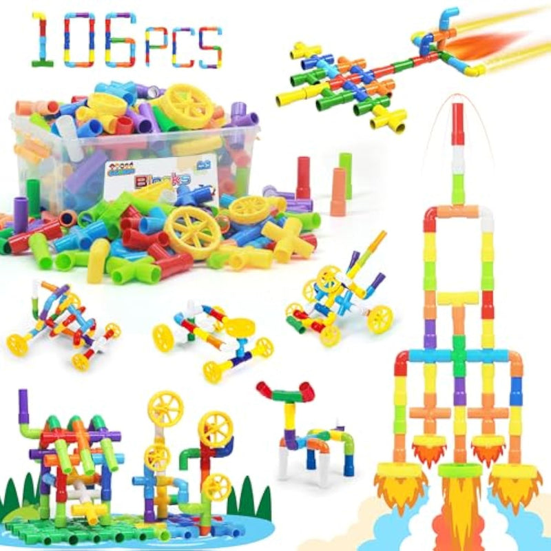 Stem Building Toy For Toddlers 106Pieces Tube Pipe Toy,Educational Preschool Game For 3+ Years,Learning Building Blocks Play With Storage Box Gift Kit,Montessori Toys For Boys & Girls
