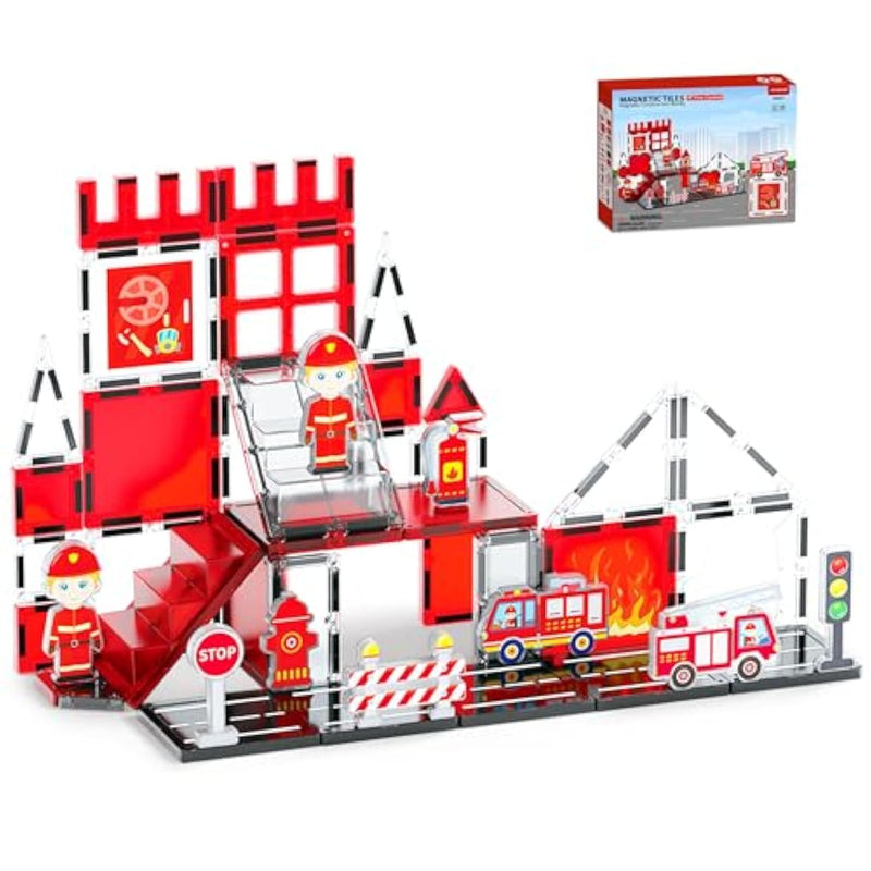 Fire Station Magnetic Tiles, Stem Building Set With Fire Truck, Preschool Learning Firefighter Toy For Ages 3-5,5-8,Birthday Gift For Boys & Girls(48Pcs)