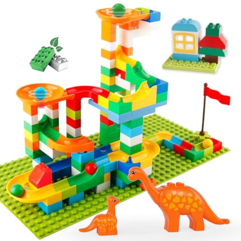 Marble Run Building Blocks, 145 Pcs Classic Big Blocks Stem Toy Bricks Set Kids Race Track Compatible With All Major Brands Bulk Bricks Set For Boys Girls Toddler Age 3,4,5,6,7,8+
