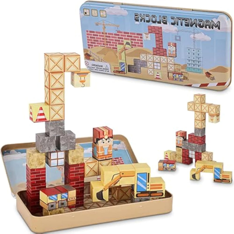 35Pcs Magnetic Blocks For Kids - Stem Learning Creative Construction Sets Building Cubes With Portable Iron Storage Box, Educational Travel Games, Road Trip Sensory Toys Magnetic Tiles (Construction)