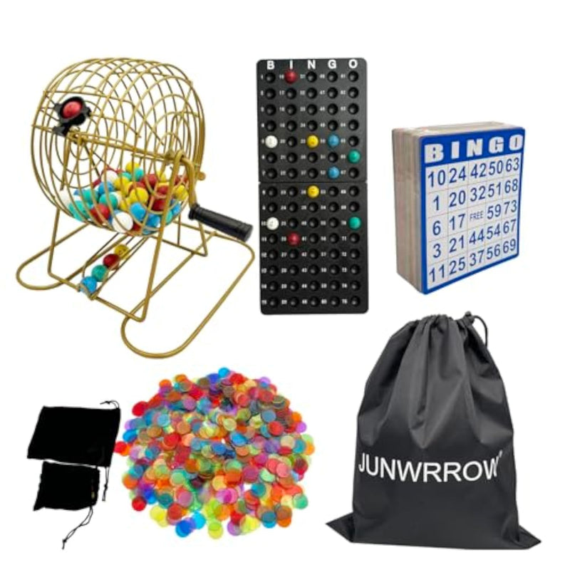 Deluxe Bingo Game Set with Antique Gold Metal Rotary Cage and Storage Bag