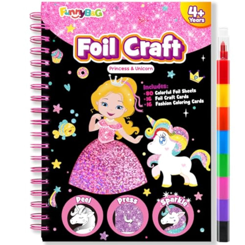 Foil Art Craft Kit for Kids, Mermaid, Unicorn, Cat & Flower Designs