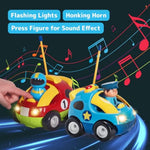 Prextex 2 Pack Cartoon Remote Control Cars for Toddlers - Police Car and Race Car with Steering Wheel Controllers and Lights - Different Frequencies So Both Can Race Together - Toddler Gift 18+ Months