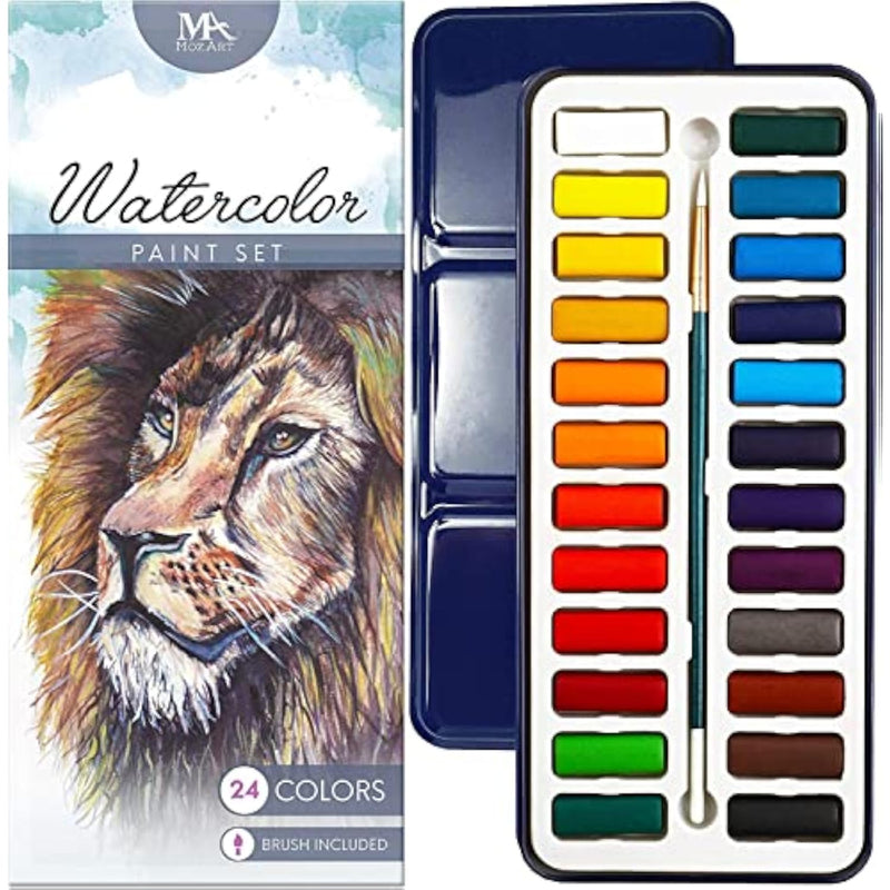 Watercolor Paint Essentials Set with 24 Vibrant Colors and Paintbrush