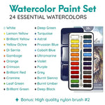 Watercolor Paint Essentials Set with 24 Vibrant Colors and Paintbrush