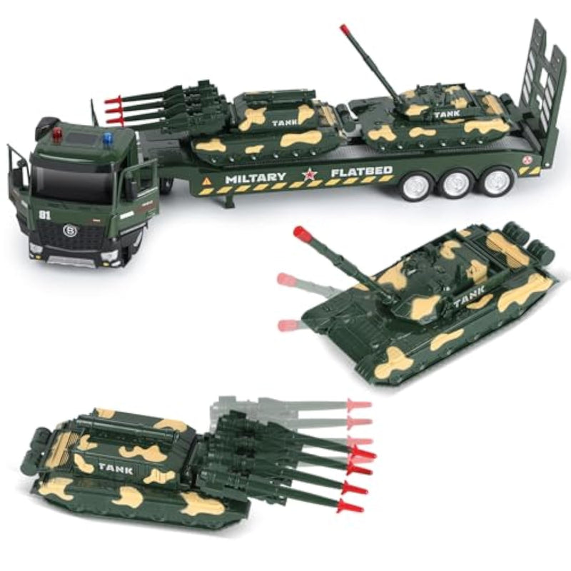 Military Truck Kids Toddler Toys Set Metal, Semi Die-Cast Flatbed, Trailer & Tank, Army Vehicles Toys With Openable Doors & Lights & Sounds, Military Truck Gift For 3 4 5 6 7 Years Old Boys