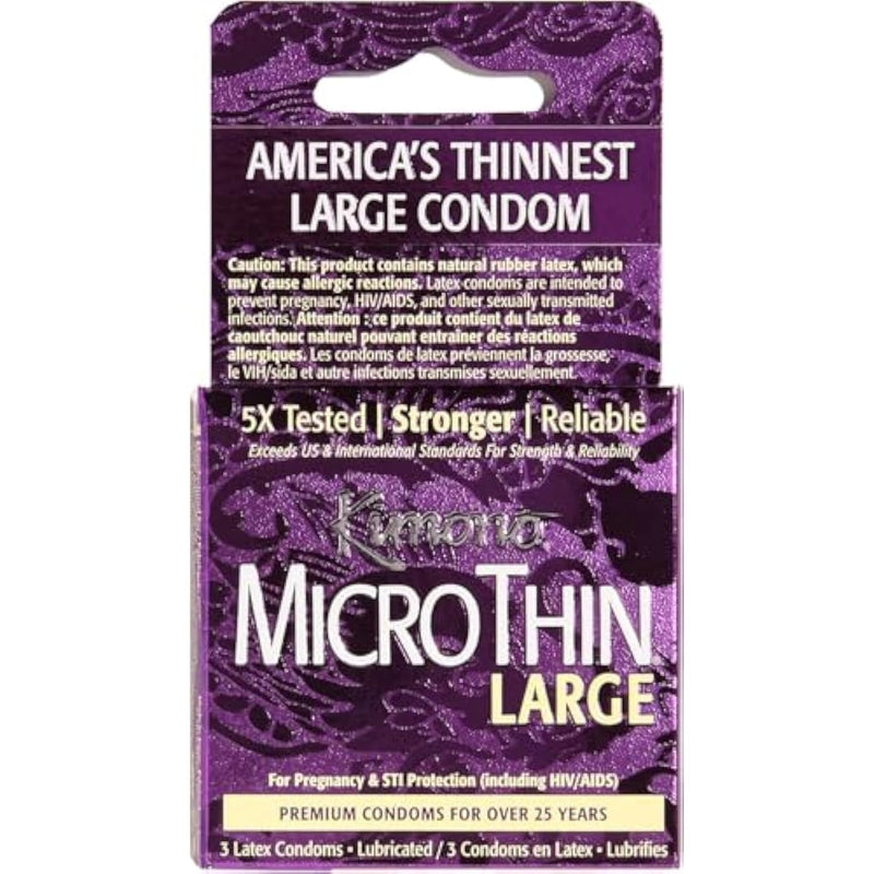 Kimono MicroThin Large Pack of 3 - Premium Lubricated Natural Latex Condoms, Ultra Thin, Larger Tip Condoms, Vegan-Friendly, No Latex Odor - Enhanced Sensitivity