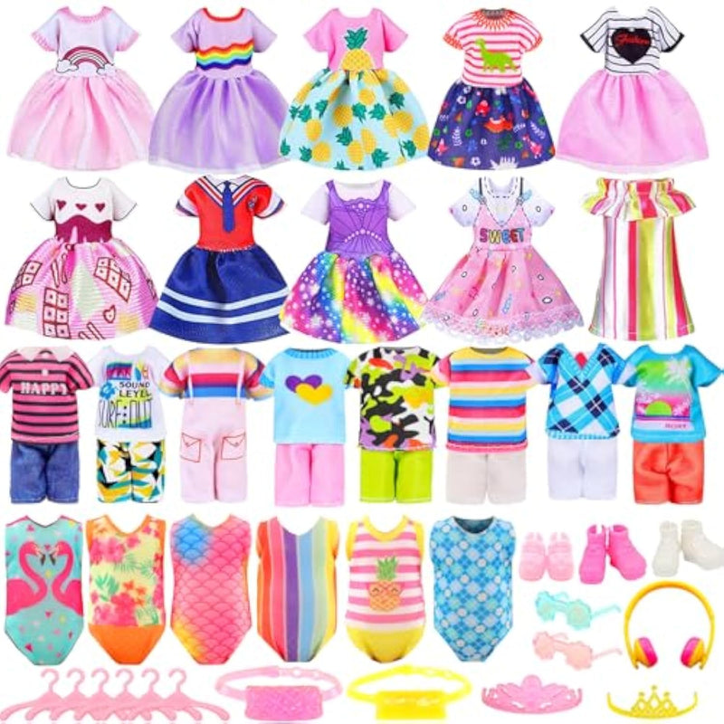30 Pcs Mini 6 Inch Doll Clothes And Accessories Include 4 Tops, 4 Pants For Boy Dolls, 5 Dresses , 2 Swimsuit And 2 Shoes, 10 Outfits Hangers Pocket Glasses Headset Crown For 5.3-6 Inch Dolls