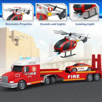 Toddler Boys Toys, 3 4 5 Large Fire Truck Toys With Lights Sounds, Truck Car With Racing Car And Helicopter, Semi Vehicle Brithday For 3 4 5 6 7 Boys Girls