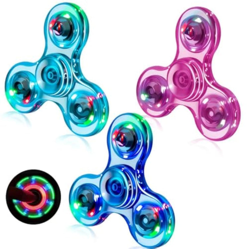 3 Pack Led Light Up Fidget Spinners - Christmas Gifts & Stocking Stuffers. Crystal Finger Toy For Stress Relief, Gifts For Kids & Teens.