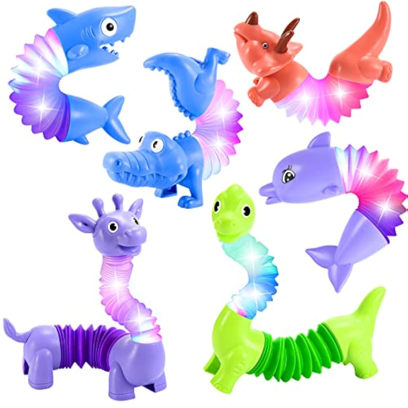 Animals Christmas Fidget Toys For Toddlers: 6 Pack Led Animal Pop Tubes For Kids 3 4 5 6 7 8 Year Old Girls Boys Toddler Birthday Gifts Autism Sensory Toy For Grandkids Age 3-8 Tube